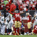 San Francisco 49ers defensive end Charles Omenihu (94) celebrates during the second half of an NFL wild card playoff football game against the Seattle Seahawks in Santa Clara, Calif., Saturday, Jan. 14, 2023. The 49ers won 41-23. (AP Photo/Jed Jacobsohn)