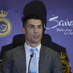 
              Cristiano Ronaldo attends a press conference for his official unveiling as a new member of Al Nassr soccer club in in Riyadh, Saudi Arabia, Tuesday, Jan. 3, 2023. Ronaldo, who has won five Ballon d'Ors awards for the best soccer player in the world and five Champions League titles, will play outside of Europe for the first time in his storied career. (AP Photo/Amr Nabil)
            