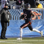 
              Chicago Bears wide receiver Velus Jones Jr. (12) runs up field during a 42-yard touchdown run in the first half of an NFL football game against the Minnesota Vikings, Sunday, Jan. 8, 2023, in Chicago. (AP Photo/Nam Y. Huh)
            