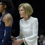 
              UConn associate head coach Chris Dailey, right, speaks to UConn's Ayanna Patterson during the second half of an NCAA college basketball game against Xavier, Thursday, Jan. 5, 2023, in Cincinnati. (AP Photo/Jeff Dean)
            