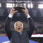 Philadelphia Eagles owner Jeffrey Lurie hoists the George Halas Trophy after the NFC Championship NFL football game between the Philadelphia Eagles and the San Francisco 49ers on Sunday, Jan. 29, 2023, in Philadelphia. The Eagles won 31-7. (AP Photo/Matt Slocum)