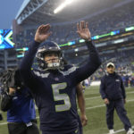 Seattle Seahawks place kicker Jason Myers (5) celebrates after making the game-winning field goal in overtime of an NFL football game against the Los Angeles Rams Sunday, Jan. 8, 2023, in Seattle. (AP Photo/Stephen Brashear)