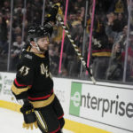 Vegas Golden Knights center Paul Cotter (43) celebrates after scoring against the Washington Capitals during the second period of an NHL hockey game Saturday, Jan. 21, 2023, in Las Vegas. (AP Photo/John Locher)