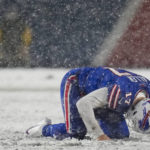 
              Buffalo Bills quarterback Josh Allen (17) reacts after being sacked by the Cincinnati Bengals during the fourth quarter of an NFL division round football game, Sunday, Jan. 22, 2023, in Orchard Park, N.Y. (AP Photo/Seth Wenig)
            