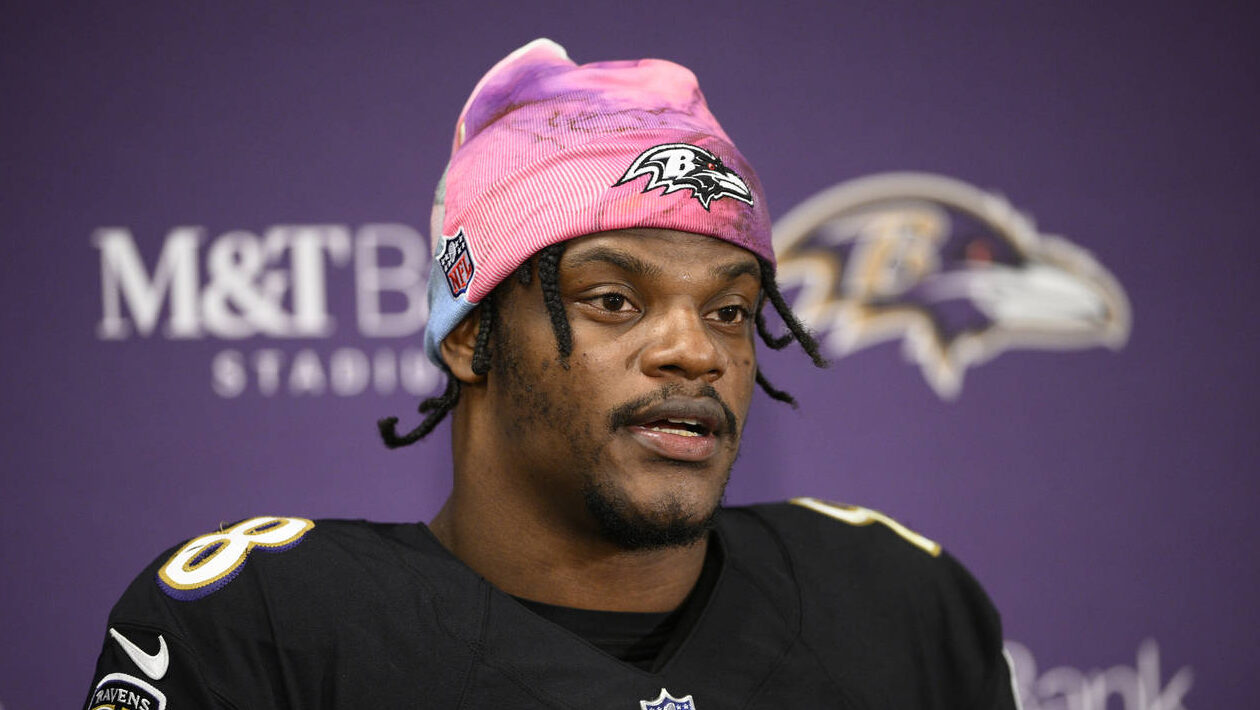 Baltimore Ravens quarterback Lamar Jackson (8) speaks to the media at a press conference after an N...