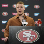 San Francisco 49ers running back Christian McCaffrey speaks at a news conference after an NFL wild card playoff football game against the Seattle Seahawks in Santa Clara, Calif., Saturday, Jan. 14, 2023. (AP Photo/Godofredo A. Vásquez)