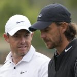
              Rory McIlroy of Northern Ireland, left, talks to Tommy Fleetwood of England on the 11th hole during the first round of the Dubai Desert Classic, in Dubai, United Arab Emirates, Thursday, Jan. 26, 2023. (AP Photo/Kamran Jebreili)
            