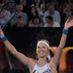 
              Victoria Azarenka of Belarus waves after defeating Jessica Pegula of the U.S. in their quarterfinal match at the Australian Open tennis championship in Melbourne, Australia, Tuesday, Jan. 24, 2023. (AP Photo/Aaron Favila)
            