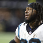 Carolina Panthers running back D'Onta Foreman react after being ejected during the second half an NFL football game between the Carolina Panthers and the New Orleans Saints in New Orleans, Sunday, Jan. 8, 2023. (AP Photo/Butch Dill)