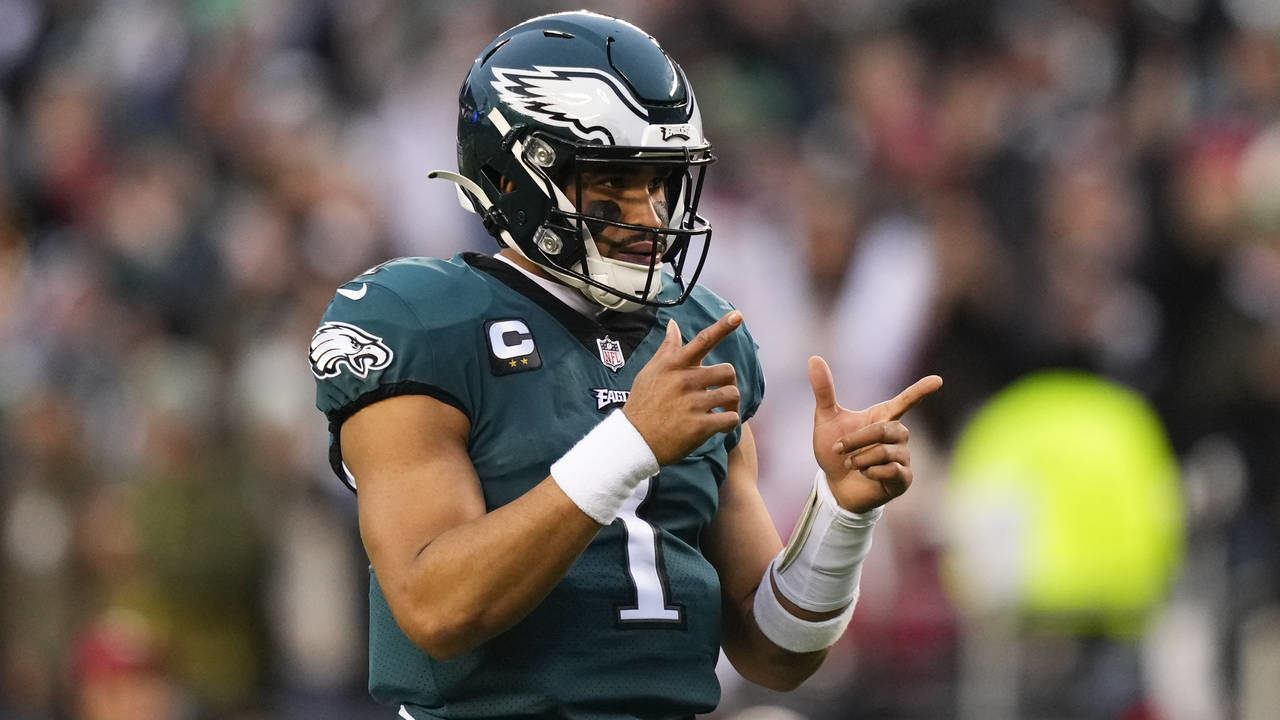 Philadelphia Eagles quarterback Jalen Hurts gestures during the first half of the NFC Championship ...