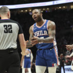 Philadelphia 76ers forward P.J. Tucker (17) talks with an official after being given a technical foul during the second half of an NBA basketball game against the Portland Trail Blazers in Portland, Ore., Thursday, Jan. 19, 2023. (AP Photo/Amanda Loman)
