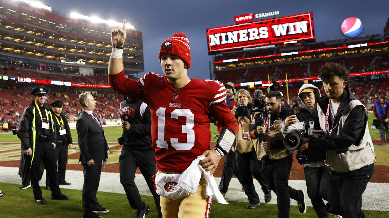 San Francisco 49ers quarterback Brock Purdy (13) celebrates after an NFL wild card playoff football...