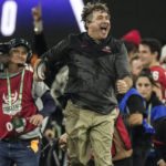 
              Georgia head coach Kirby Smart celebrates a win over TCU during the second half of the national championship NCAA College Football Playoff game, Monday, Jan. 9, 2023, in Inglewood, Calif. Georgia won 65-7. (AP Photo/Mark J. Terrill)
            