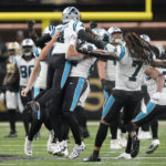 
              Carolina Panthers place kicker Eddy Pineiro celebrates after kicking the winning field goal during the second half an NFL football game between the Carolina Panthers and the New Orleans Saints in New Orleans, Sunday, Jan. 8, 2023. (AP Photo/Gerald Herbert)
            