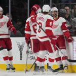 
              Detroit Red Wings center Joe Veleno, right, celebrates after scoring against the Vegas Golden Knights during the second period of an NHL hockey game Thursday, Jan. 19, 2023, in Las Vegas. (AP Photo/John Locher)
            