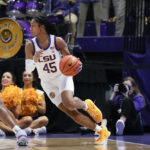LSU guard Alexis Morris (45) drives to the basket in the first half an NCAA college basketball game against Arkansas in Baton Rouge, La., Thursday, Jan. 19, 2023. (AP Photo/Gerald Herbert)