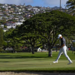 
              Jordan Spieth watches his putt miss the cup on the 16th green during the first round of the Sony Open golf tournament, Thursday, Jan. 12, 2023, at Waialae Country Club in Honolulu. (AP Photo/Matt York)
            