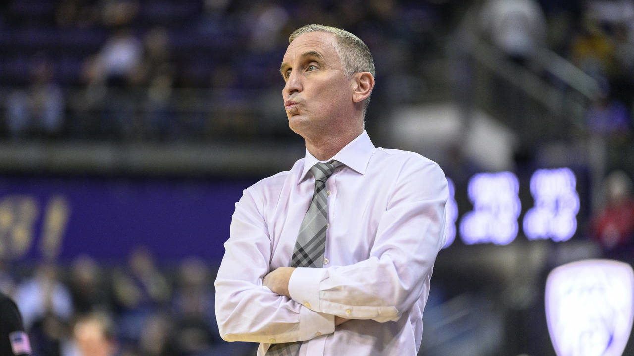 Arizona State coach Bobby Hurley reacts as the team trails Washington late in the first half of an ...