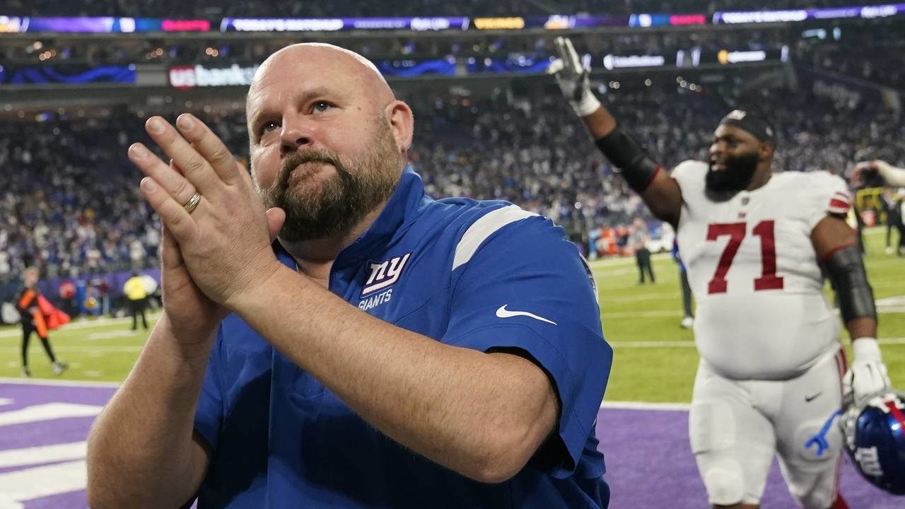New York Giants head coach Brian Daboll reacts after an NFL wild card football game against the Min...