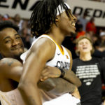 
              Oklahoma State's Kalib Boone (22) and Caleb Asberry (5) celebrate after the NCAA college basketball game against Iowa State in Stillwater, Okla., Saturday, Jan. 21, 2023. (AP Photo/Mitch Alcala)
            