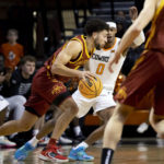 
              Iowa State's Gabe Kalscheur (22) drives past Oklahoma State's Avery Anderson III (0) in the first half of the NCAA college basketball game in Stillwater, Okla., Saturday, Jan. 21, 2023. (AP Photo/Mitch Alcala)
            