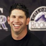 FILE - Colorado Rockies first baseman Todd Helton smiles as he talks about his nine-year contract extension announced by the team, Thursday, March 29, 2001, in Tucson, Ariz. Helton, Billy Wagner and Scott Rolen are leading contenders to be elected to baseball's Hall of Fame in the Baseball Writers' Association of America vote announced Tuesday, Jan. 24, 2023. (AP Photo/Ted S. Warren, File)