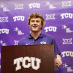 TCU quarterback Max Duggan speaks to reporters in Fort Worth, Texas, Tuesday, Jan. 3, 2023. TCU plays Georgia in the national championship NCAA college football game on Monday. (AP Photo/LM Otero)