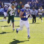 
              CORRECTS TO SOUTH DAKOTA STATE FULLBACK MICHAEL MORGAN NOT  NORTH DAKOTA STATE FULLBACK LUKE WATERS - South Dakota State fullback Michael Morgan (34) runs for a touchdown in front of North Dakota safety Dawson Weber (2) during the first half of the FCS Championship NCAA college football game Sunday, Jan. 8, 2023, in Frisco, Texas. (AP Photo/LM Otero)
            