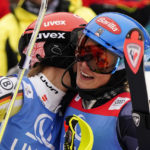 
              Second placed United States' Mikaela Shiffrin, right, embraces the winner Germany's Lena Duerr after completing an alpine ski, women's World Cup slalom, in Spindleruv Mlyn, Czech Republic, Sunday, Jan. 29, 2023. (AP Photo/Piermarco Tacca)
            