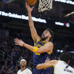 
              Golden State Warriors forward Klay Thompson shoots against the Memphis Grizzlies during the first half of an NBA basketball game in San Francisco, Wednesday, Jan. 25, 2023. (AP Photo/Godofredo A. Vásquez)
            