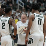 
              Michigan State head coach Tom Izzo talks to his team during the second half of an NCAA college basketball game against Purdue, Monday, Jan. 16, 2023, in East Lansing, Mich. (AP Photo/Carlos Osorio)
            