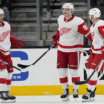 
              Detroit Red Wings left wing Dominik Kubalik, center, celebrates after scoring against the Vegas Golden Knights during the second period of an NHL hockey game Thursday, Jan. 19, 2023, in Las Vegas. (AP Photo/John Locher)
            