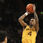 Arizona State guard Desmond Cambridge Jr. (4) looks to shoot a 3-point basket against Oregon State during the second half of an NCAA college basketball game in Corvallis, Ore., Saturday, Jan. 14, 2023. (AP Photo/Amanda Loman)