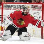 Chicago Blackhawks goaltender Alex Stalock (32) makes a save during the first period of an NHL hockey game against Arizona Coyotes, Friday, Jan. 6, 2023, in Chicago. (AP Photo/Erin Hooley)