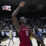 Rutgers center Clifford Omoruyi (11) celebrates following an NCAA college basketball game against Purdue in West Lafayette, Ind., Monday, Jan. 2, 2023. Rutgers defeated Purdue 65-64. (AP Photo/Michael Conroy)