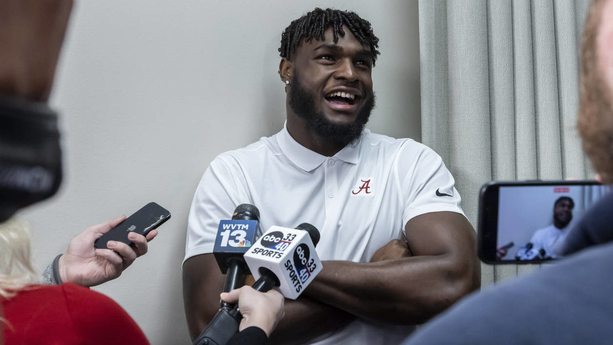 Alabama NCAA college football linebacker Will Anderson Jr. talks with the media after declaring for...