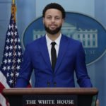 
              NBA Golden State Warriors basketball player Stephen Curry speaks during the daily briefing at the White House in Washington, Tuesday, Jan. 17, 2023. (AP Photo/Carolyn Kaster)
            
