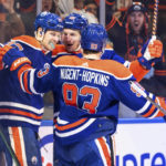 
              Edmonton Oilers' Warren Foegele (37), Ryan Nugent-Hopkins (93) and Zach Hyman (18) celebrate a goal against the Tampa Bay Lightning during the second period of an NHL hockey game Thursday, Jan. 19, 2023, in Edmonton, Alberta. (Jason Franson/The Canadian Press via AP)
            