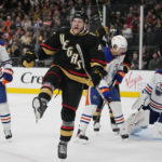 
              Vegas Golden Knights center Paul Cotter (43) celebrates after scoring against the Edmonton Oilers during the second period of an NHL hockey game Saturday, Jan. 14, 2023, in Las Vegas. (AP Photo/John Locher)
            