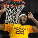 Arizona State forward Warren Washington celebrates after his dunk against Washington State during the second half of an NCAA college basketball game in Tempe, Ariz., Thursday, Jan. 5, 2023. (AP Photo/Ross D. Franklin)