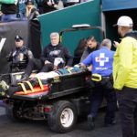 
              Philadelphia Eagles defensive end Josh Sweat is carted off the field after being injured in the first half of an NFL football game against the New Orleans Saints in Philadelphia, Sunday, Jan. 1, 2023. (AP Photo/Matt Rourke)
            