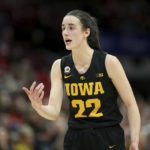 
              Iowa guard Caitlin Clark reacts as time winds down during the second half of an NCAA college basketball game against Ohio State at Value City Arena in Columbus, Ohio, Monday, Jan. 23, 2023. (AP Photo/Joe Maiorana)
            