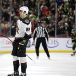 Arizona Coyotes center Jack McBain (22) skates off after the Minnesota Wild scored during the second period of an NHL hockey game Saturday, Jan. 14, 2023, in St. Paul, Minn. (AP Photo/Andy Clayton-King)