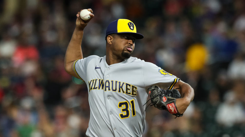 Jandel Gustave #31 of the Milwaukee Brewers delivers a pitch against the Minnesota Twins in the fif...
