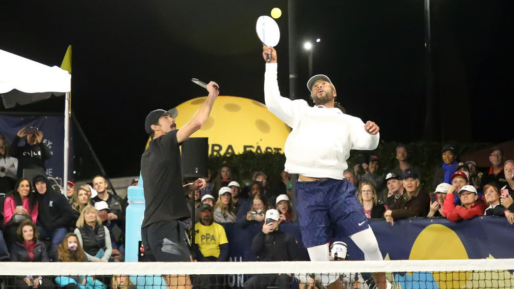 Larry Fitzgerald and Michael Phelps team together against the pros during the Carvana PPA Desert Ri...