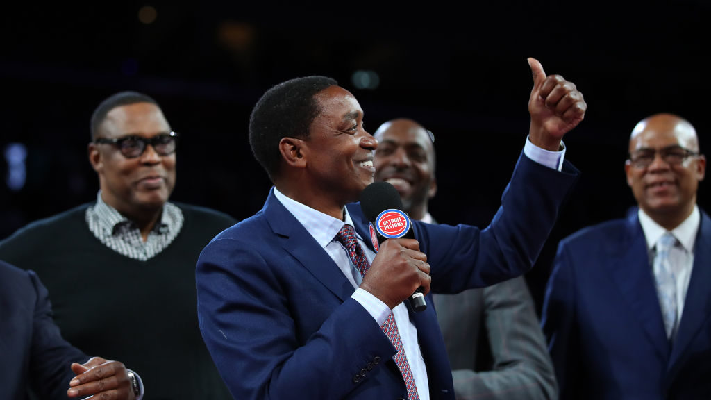 Former Detroit Piston Isiah Thomas talks to the crowd during a celebration of the 1989 and 1990 Wor...