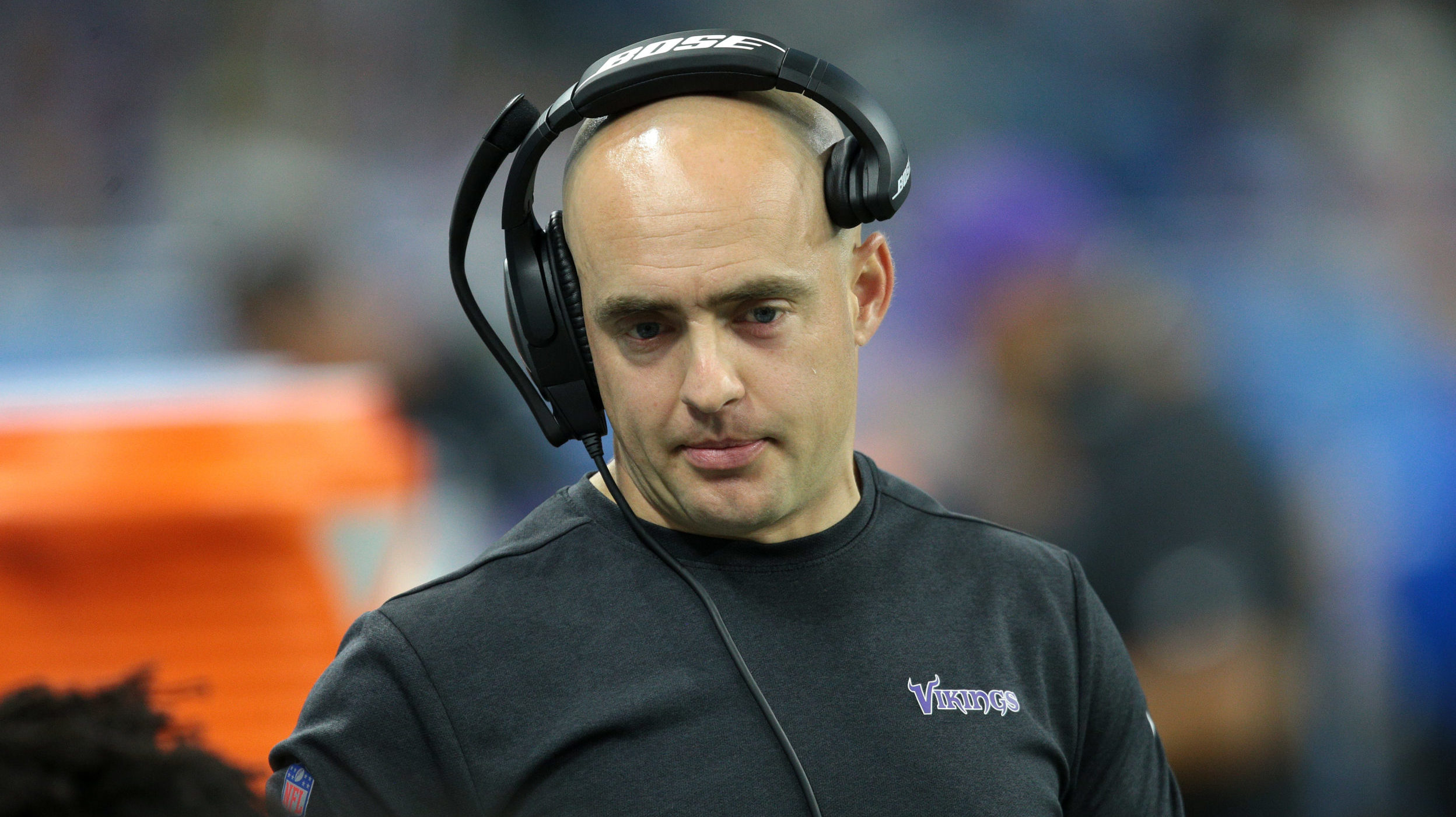 Minnesota Vikings wide reivers coach Drew Petzing is seen during the second half of an NFL football...