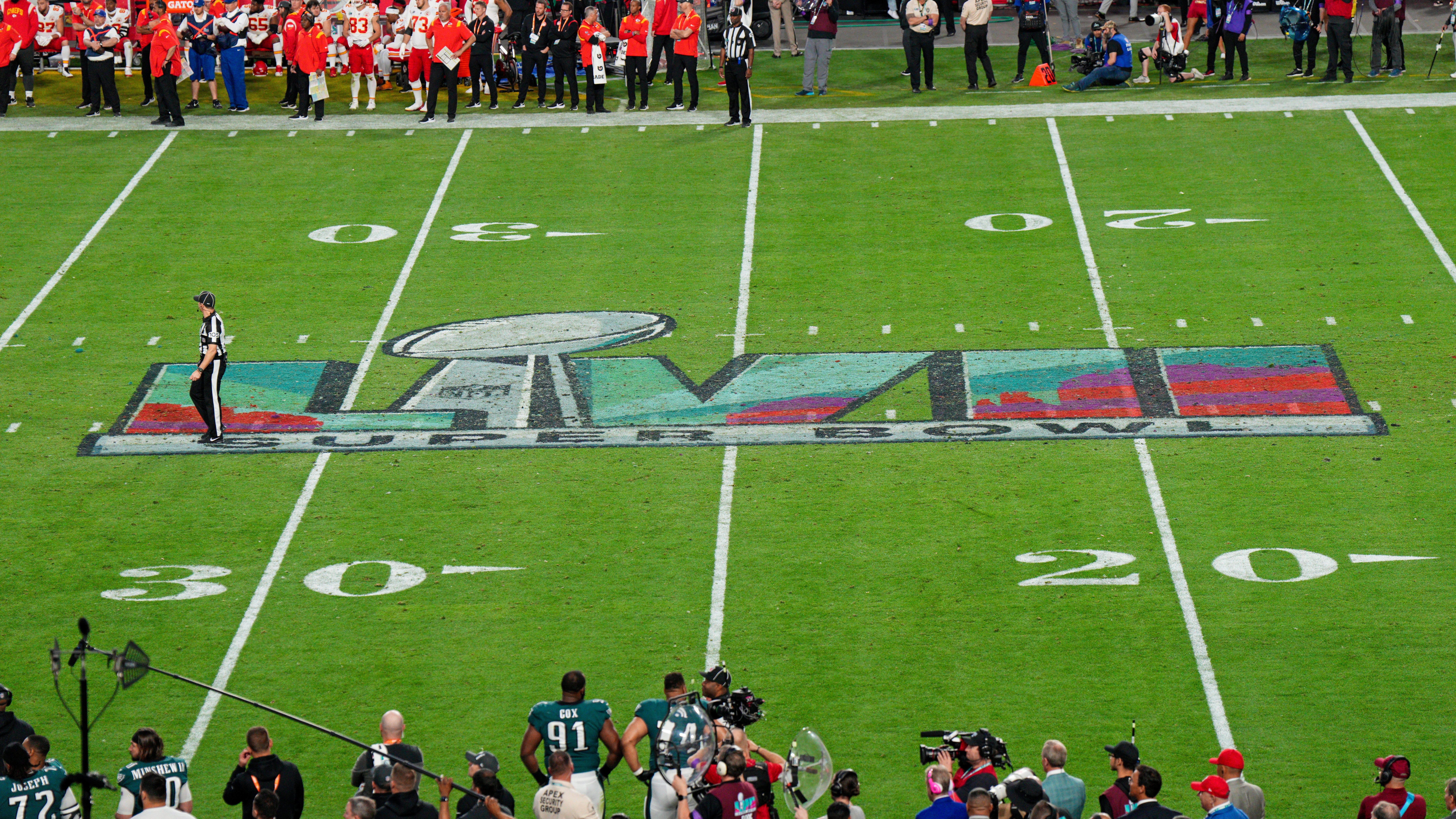 Super Bowl LVII logo is displayed during Super Bowl LVII between the Kansas City Chiefs and the Phi...