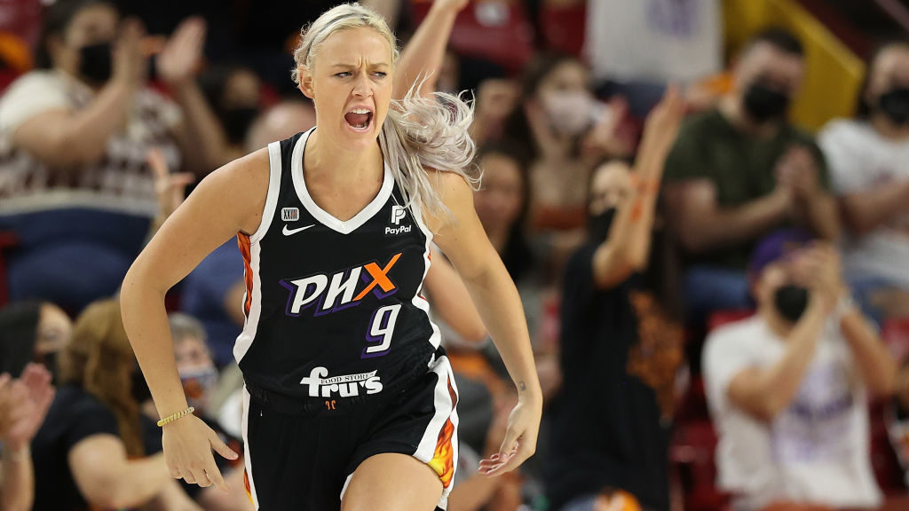 Sophie Cunningham #9 of the Phoenix Mercury reacts to three-point shot against the Las Vegas Aces d...