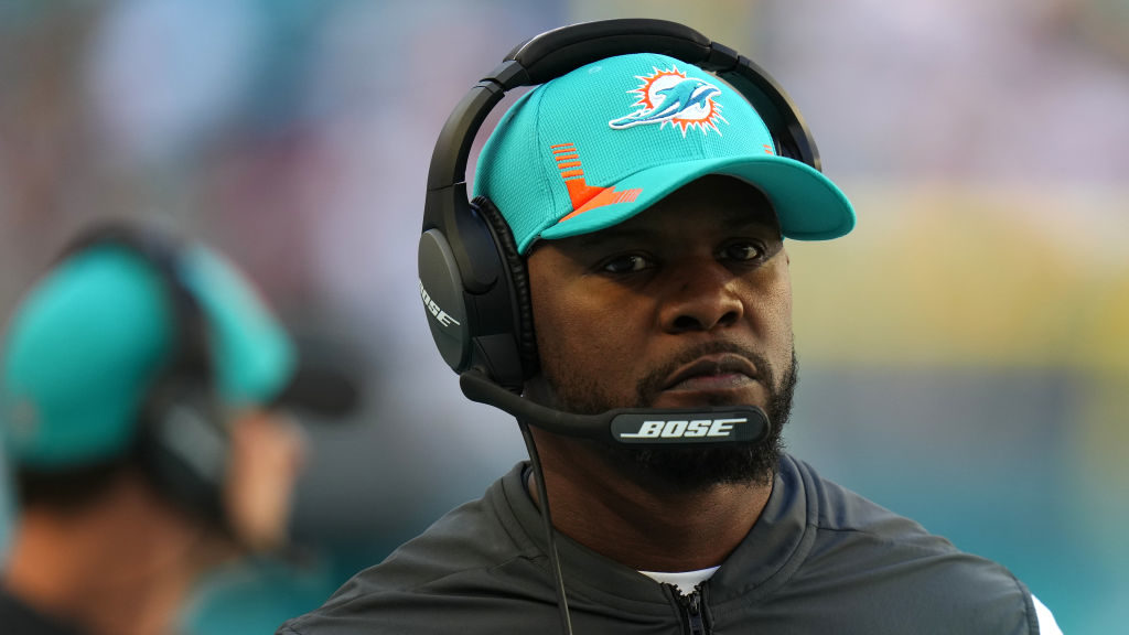Head coach Brian Flores of the Miami Dolphins looks on from the sideline in the first half of the g...